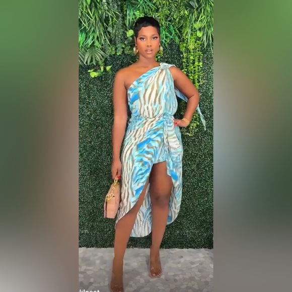 Zebra Print Blue Multicolor One Shoulder Statement Wrap Fashion Dress - Picture 6 of 13